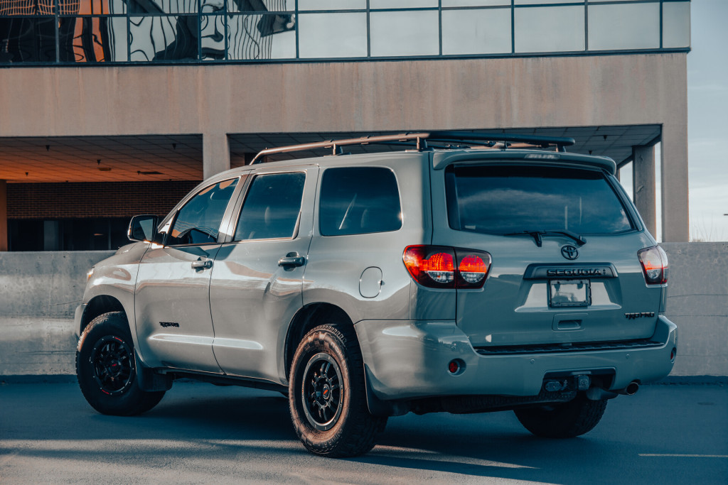 2021 Toyota Sequoia TRD Pro in Lunar Rock - Rear Driver’s 3/4 View