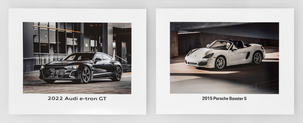 Photo of two 11X14 Prints. One is a 2022 Audi e-tron GT and the other is a 2015 Porsche Boxster S.